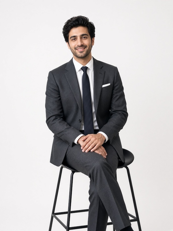 Izhaan Associates advisor in a tailored charcoal suit